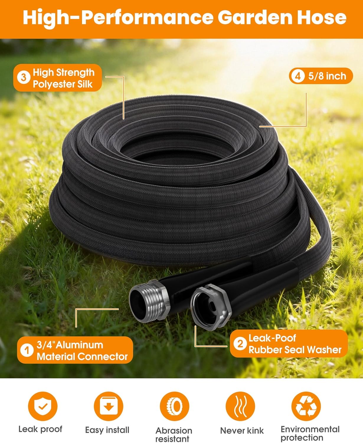 75 FT Garden Hose, Non-Expanding Water Hose, Ultra Flexible, Burst-Res