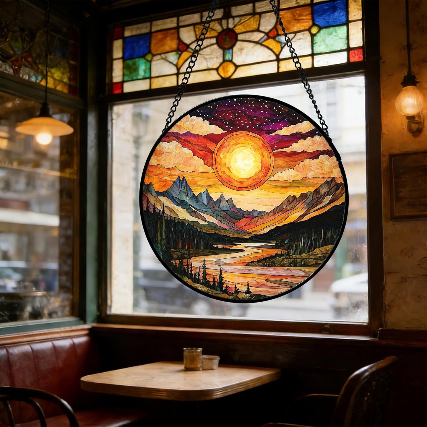 Stained Glass Window Hanging, Dusk Sunset Landscape Sun Catchers Glass Panel Lakes and Mountains Suncatcher Decor for Birthday for Women, Men, Wife, Aunt, and Mom 7.8 in