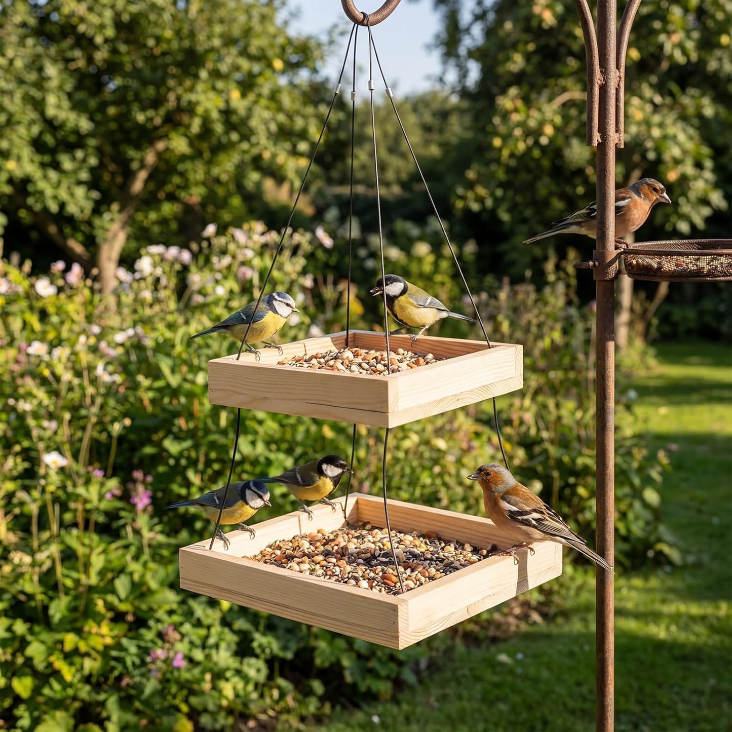 2 Pack 2 Tier Large Platform Bird Feeders for Outdoors, 10 Lbs Capacity in Total, Natural Wood Hanging Tray Bird Feeders for Garden Yard Outside Decoration Attracting for Wild Birds