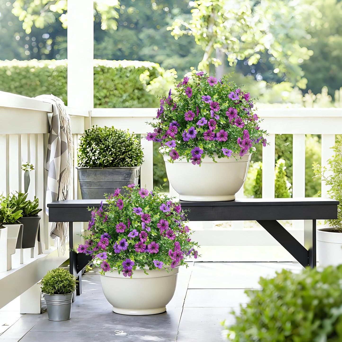 24Inch Artificial Purple Flower Boxwood Topiary Tree Set of 2 with Ground Spike, UV-Resistant & Waterproof Faux Greenery Low Maintenance Decor for Garden Patio Porch Entryway Indoor Outdoor