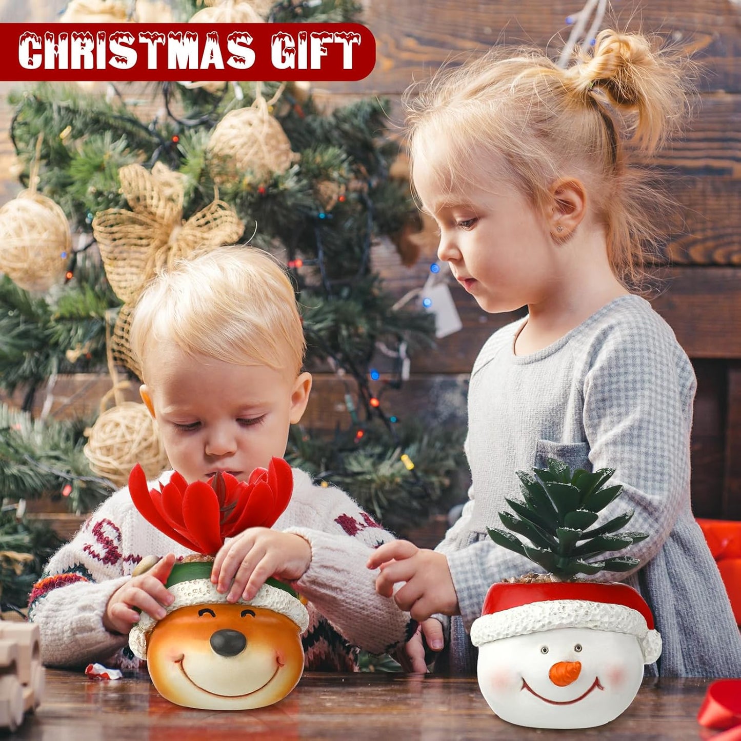3 Pcs Christmas Artificial Succulent Plants in Pots Resin Mini Fake Flower Planter Santa Reindeer Snowman 4.5 Inch Small Faux Pot Plants Christmas Decorations for Home Indoor Decor
