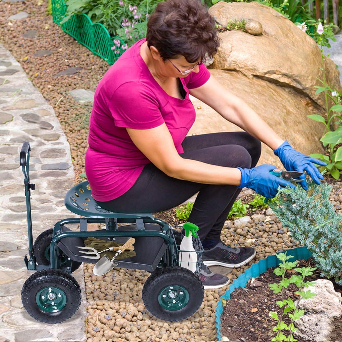 Heavy Duty Garden Cart with Seat and Wheels - Rolling Scooter Work Seat Utility Tool Cart - 330lbs Weight Capacity