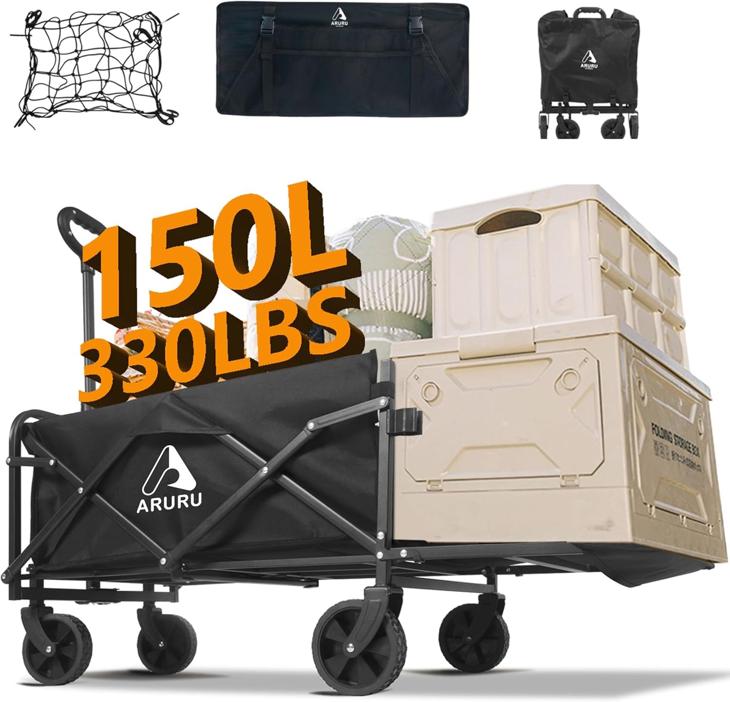 Collapsible Wagon Cart with Tailgate, 330LBS Heavy Duty Utility Folding Beach Wagons with All-Terrain Wheels, Cup Holders, Portable＆Foldable for Grocery Sports Garden Shopping Camping Pets