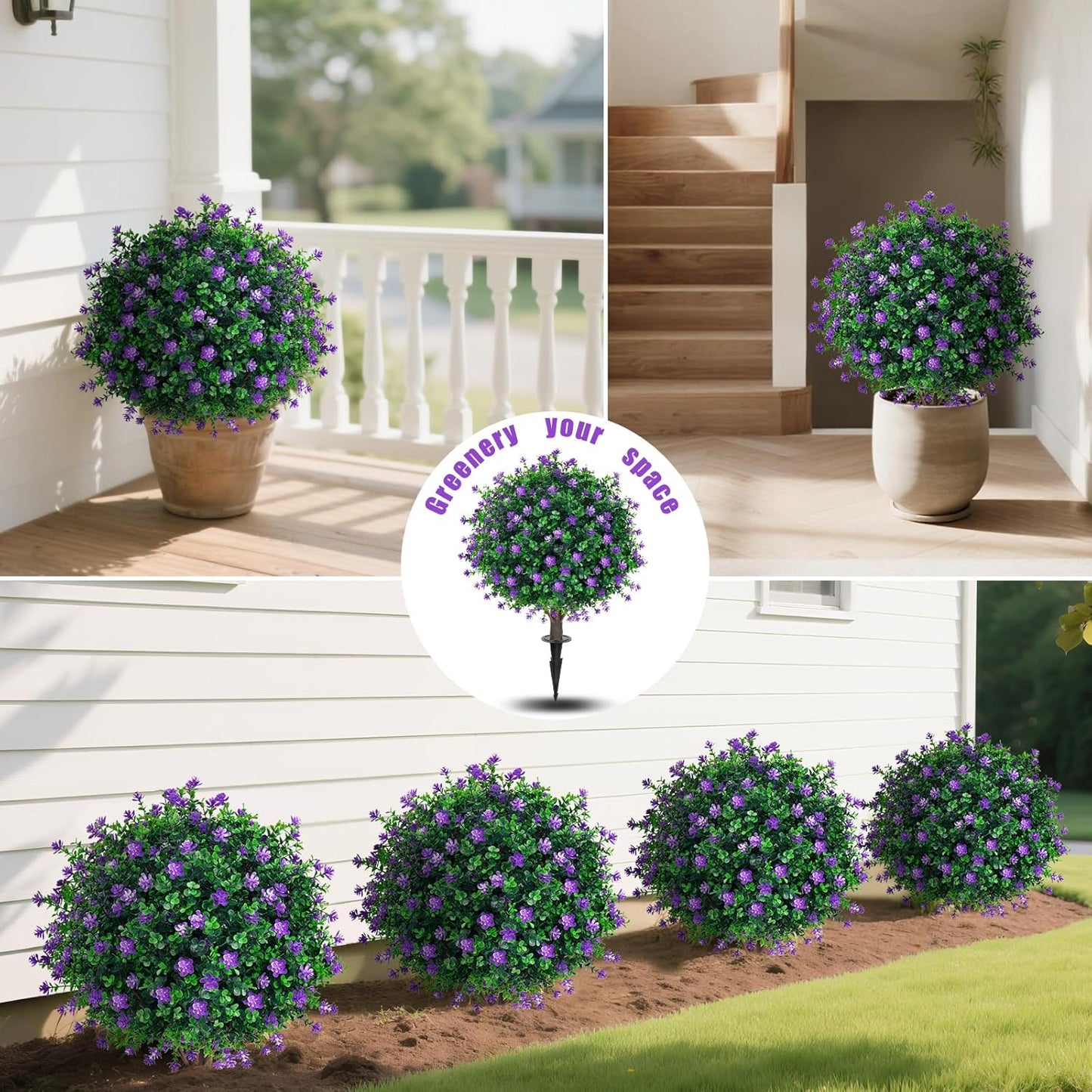 Artificial Purple Flower Topiary Ball Trees with Ground Spike, Set of 2 UV Resistant Artificial Shrubs, Fake Evergreen Artificial Plant Bushes for Indoor Outdoor Front Porch Garden