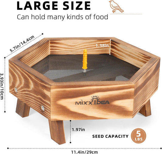 MIXXIDEA Ground Bird Feeder for Outdoors, Wooden Mesh Seed Tray for Bi