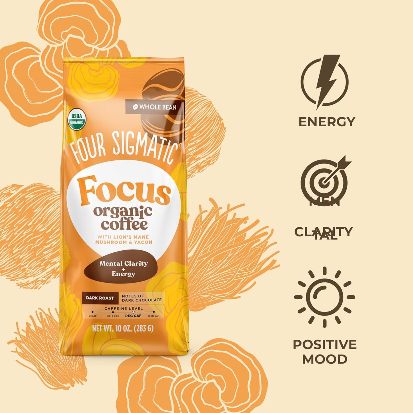 Four Sigmatic Dark Roast Organic Whole Bean Coffee | Gourmet Nootropic Mushroom Coffee Beans with Lion's Mane & Chaga Mushrooms for Enhanced Brain Function and Immune Support | 12oz