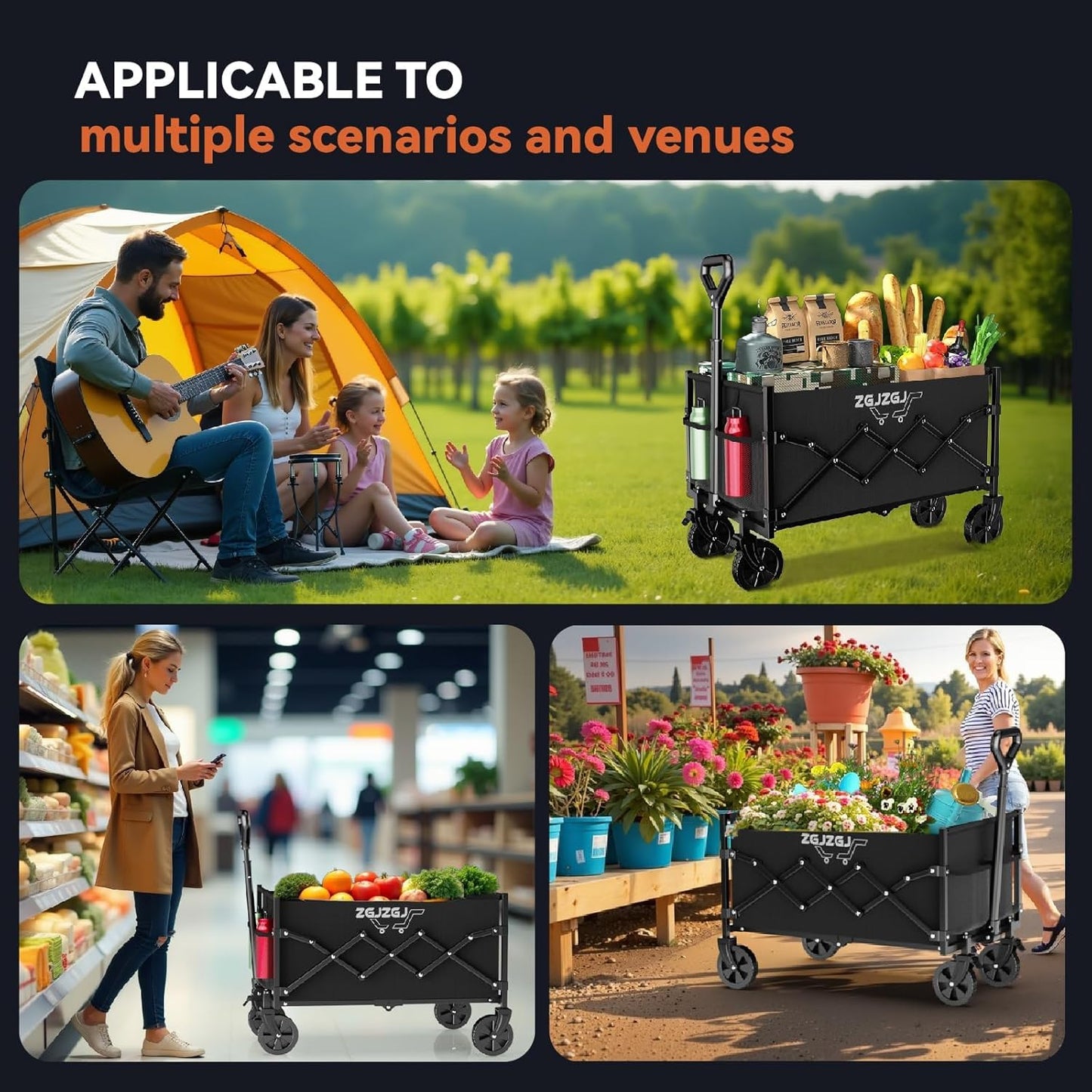Collapsible Wagon with Wheels, Heavy Duty Folding Utility Cart with Wheels for Shopping, Garden Work, Cargo Transport, Easy Storage and Maneuver