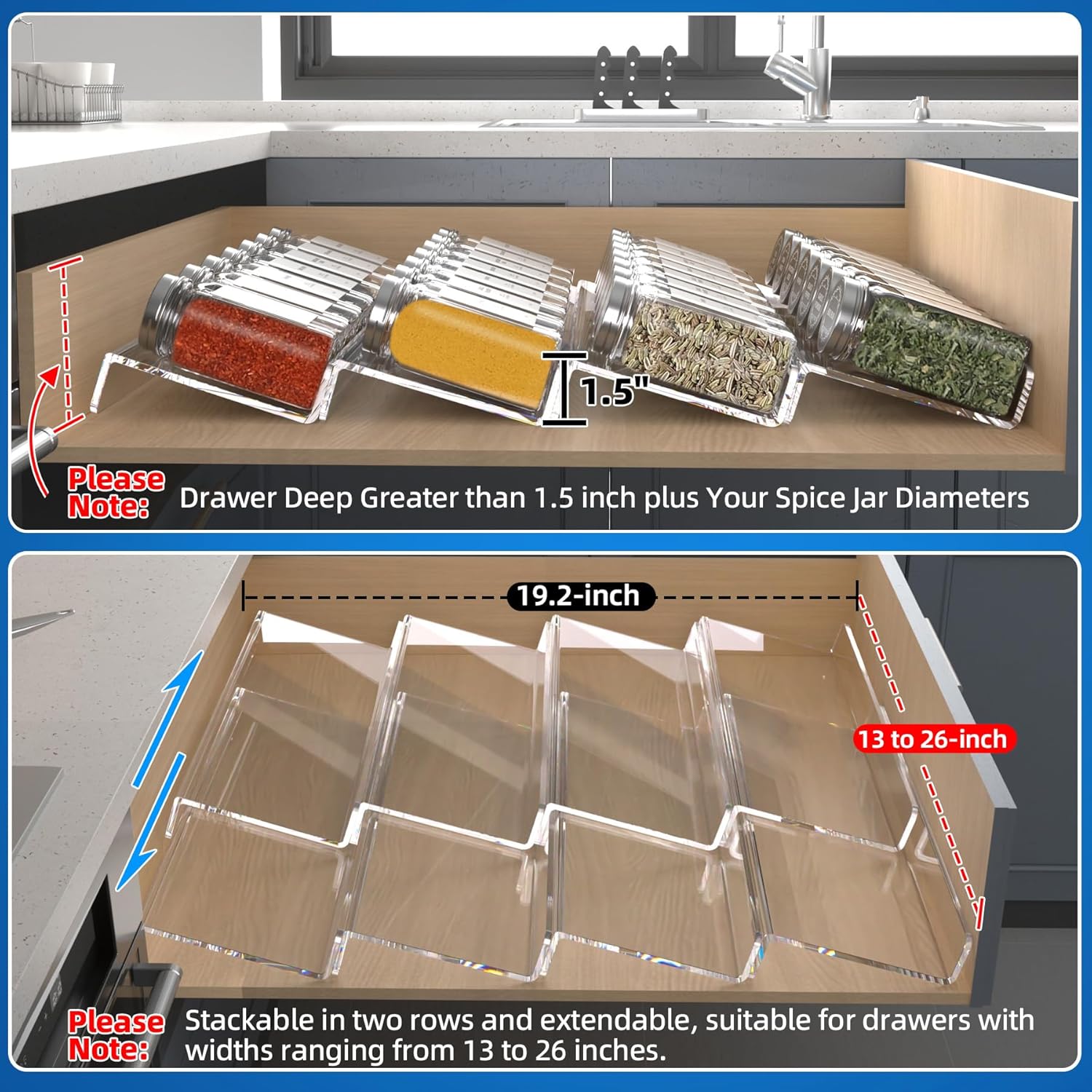 MIUKAA Clear Acrylic Spice Drawer Organizer, 4 Tier- 2 Set Expandable 