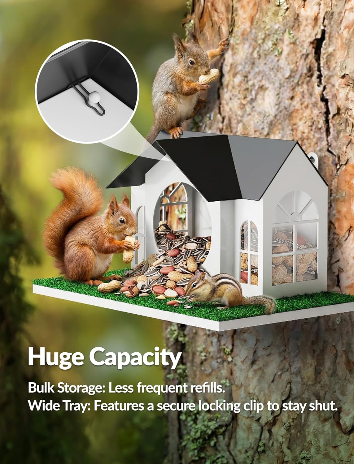 NiHome Outdoor Metal Squirrel Feeder Hanging House, Tree Mounted Squirrel Feeder Large Capacity, Weather Resistant with Acrylic Front, Tree Hanging Food Station for Patio, Backyard and Garden