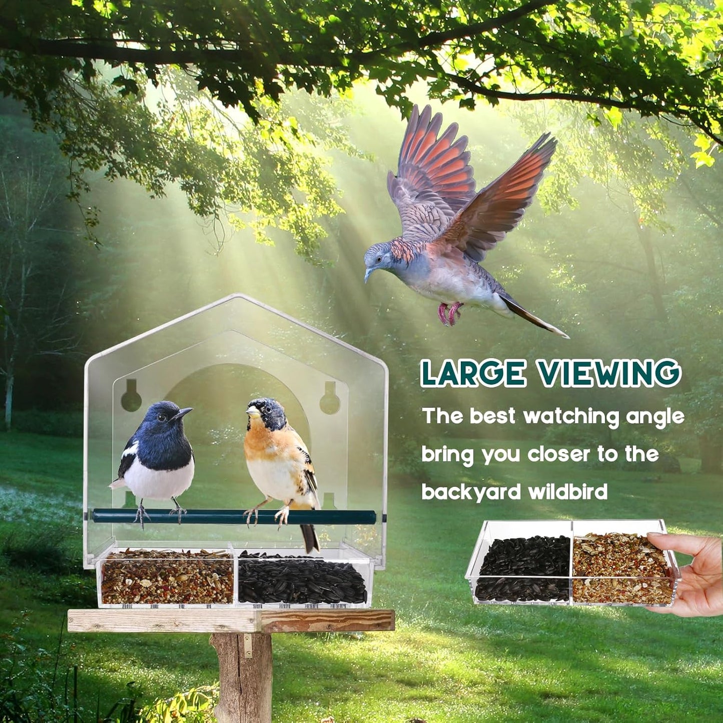 Clear Window Bird Feeder for Outside,Window Bird Feeder with Strong Suction Cups,Clear Window feeders for Viewing, Removable Tray and Large Seed Capacity,Easy-to-Clean