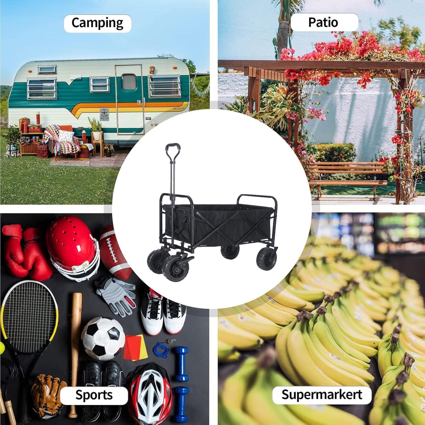 Collapsible Folding Garden Cart with Canopy, Portable Utility Wagon with Off-Road Wheels for Beach, Camping, Grocery & Sports - 220lbs Capacity, Durable Black Transport Trailer