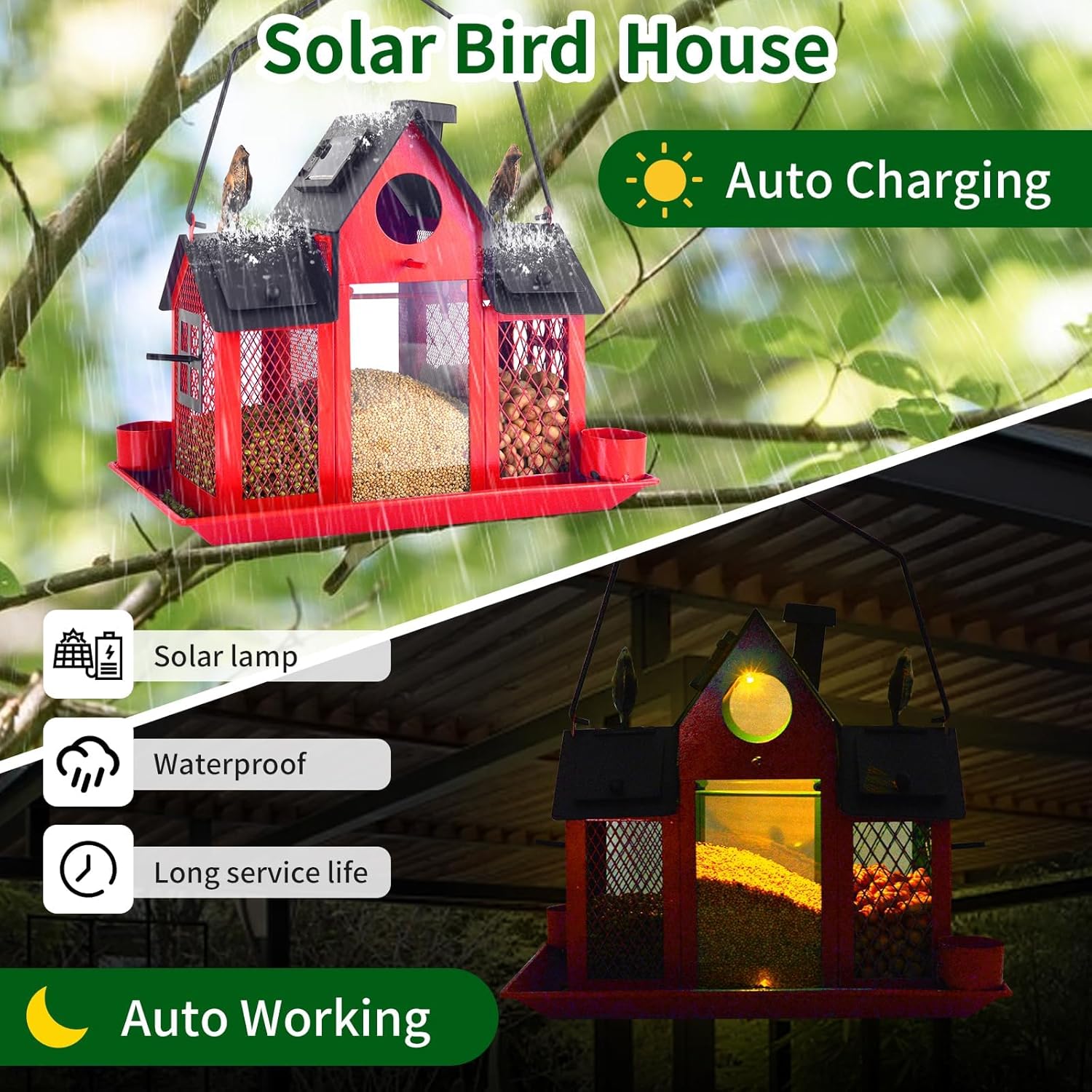 Solar Bird Feeders House for Outside Hanging, Metal Wild Bird Feeder f