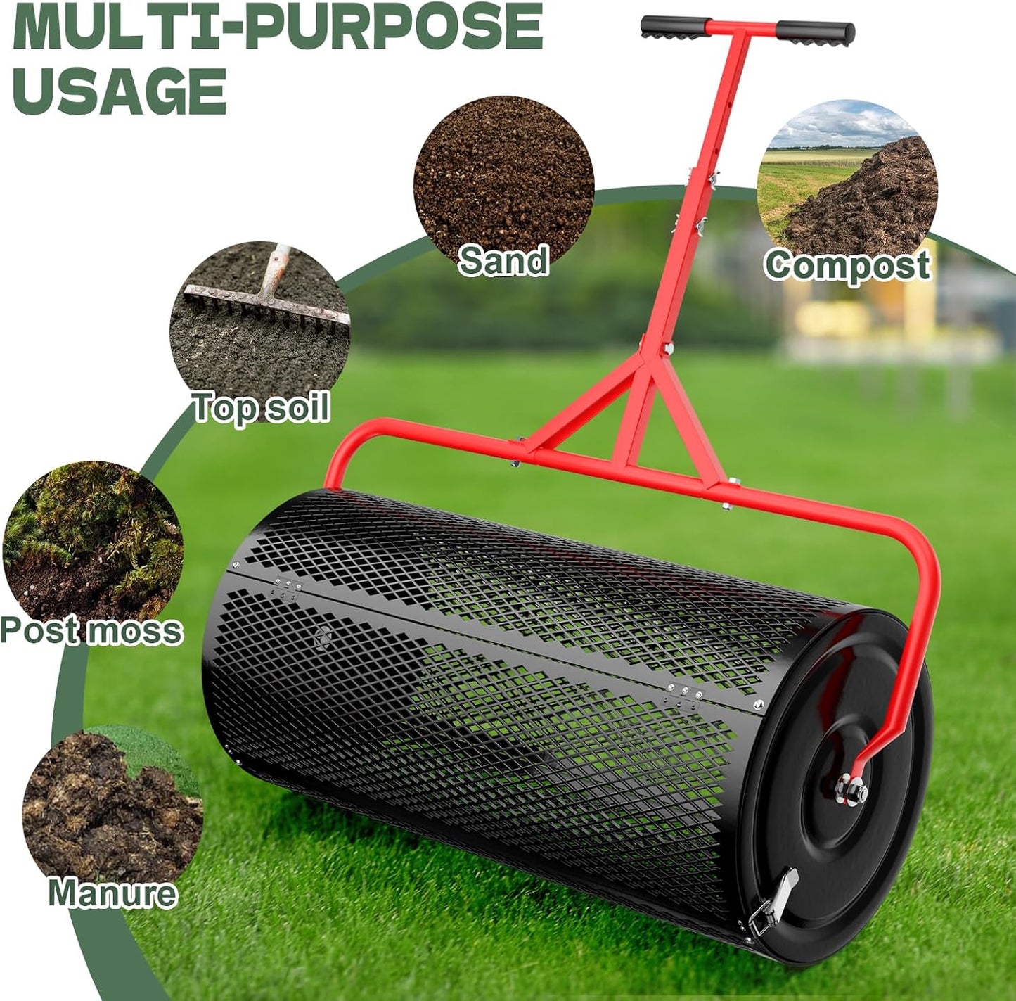 Compost Peat Moss Spreader for Lawn, 30 Inch Compost Roller Spreader w