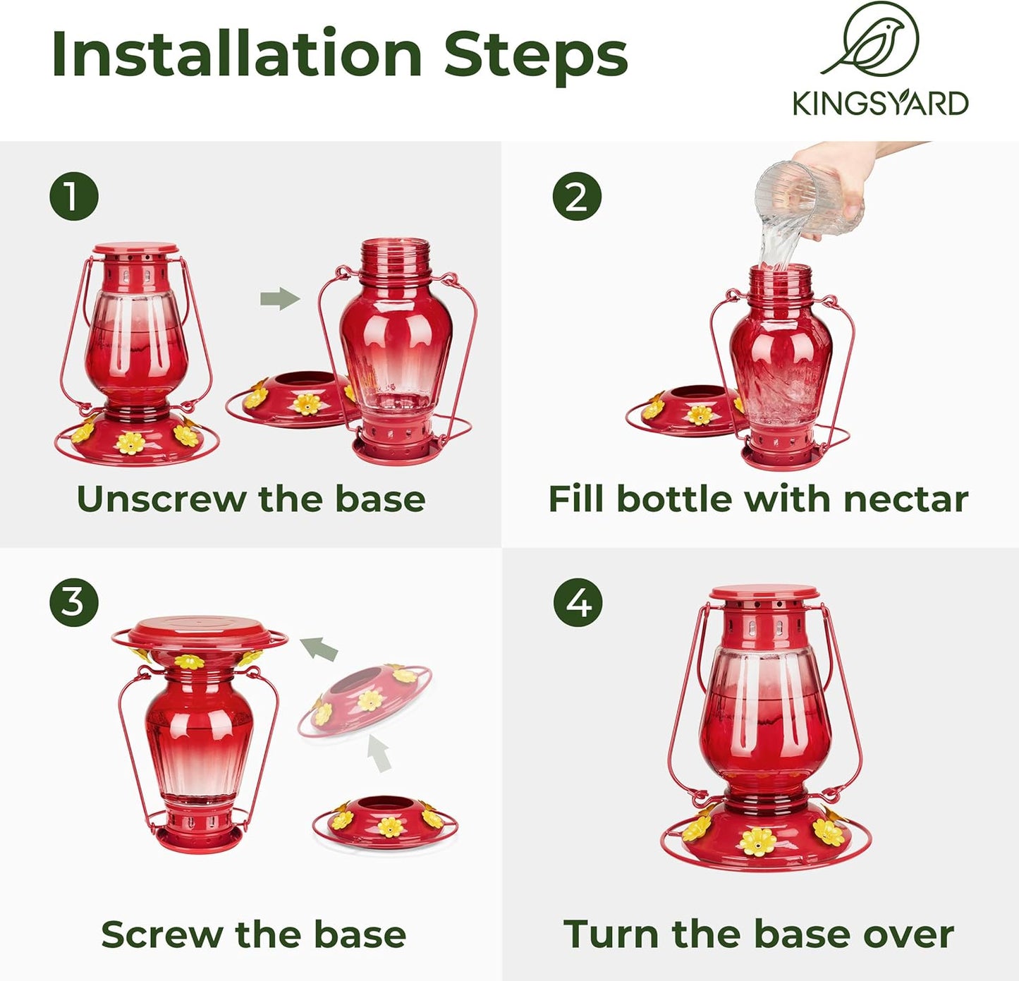 Kingsyard Vintage Glass Hummingbird Feeder Leak Proof Ant Bee Proof Lantern Bird Feeder with 6 Ports Moat, 24 oz Red