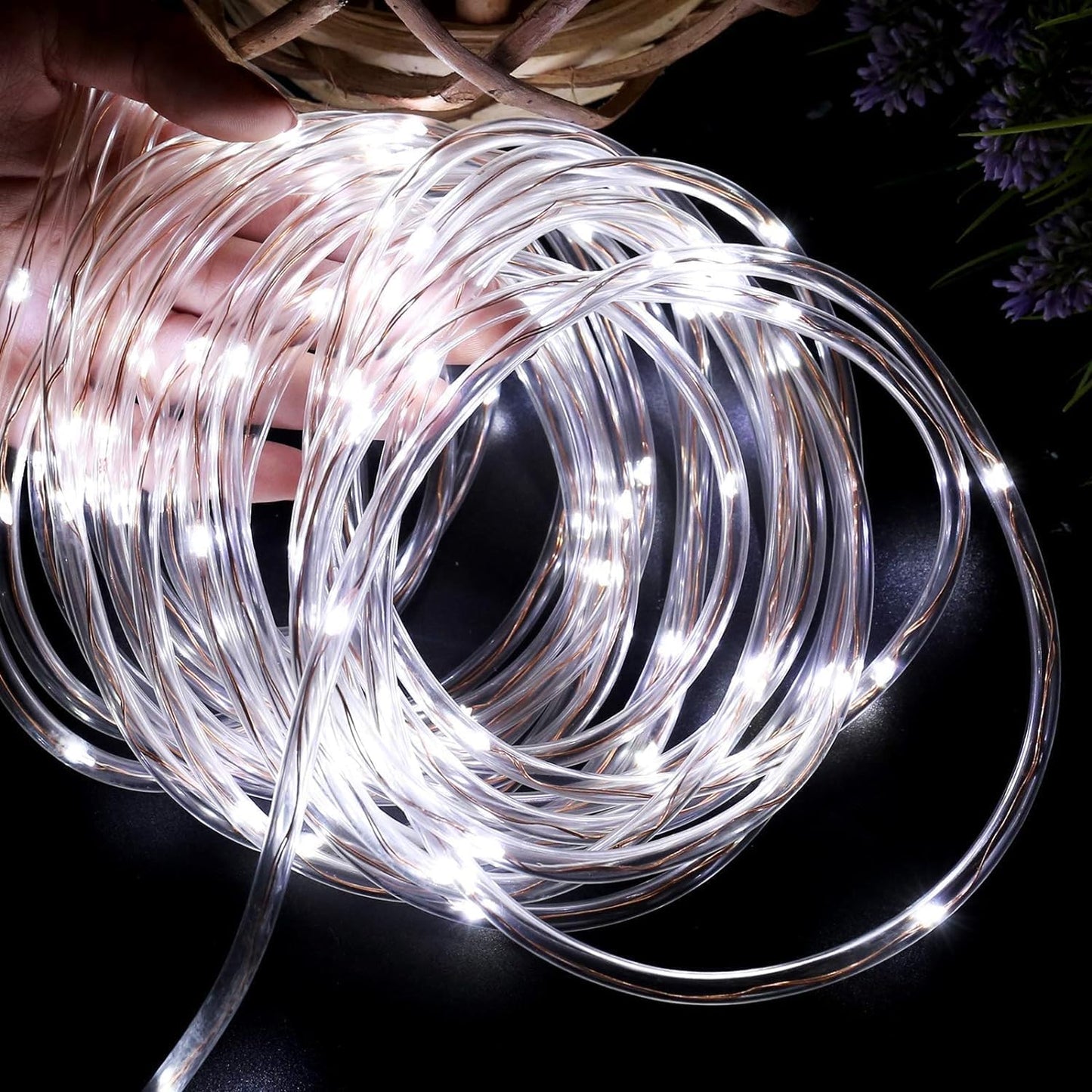 Lighting EVER Plug in Rope Lights with Small Tube, 1/4 in Pencil-Size, 100 LED Copper Wire String Lights in 33 ft Tube, Cool White 6000K, Thin Light Rope for Railing, Fence, Balcony, Not Connectable