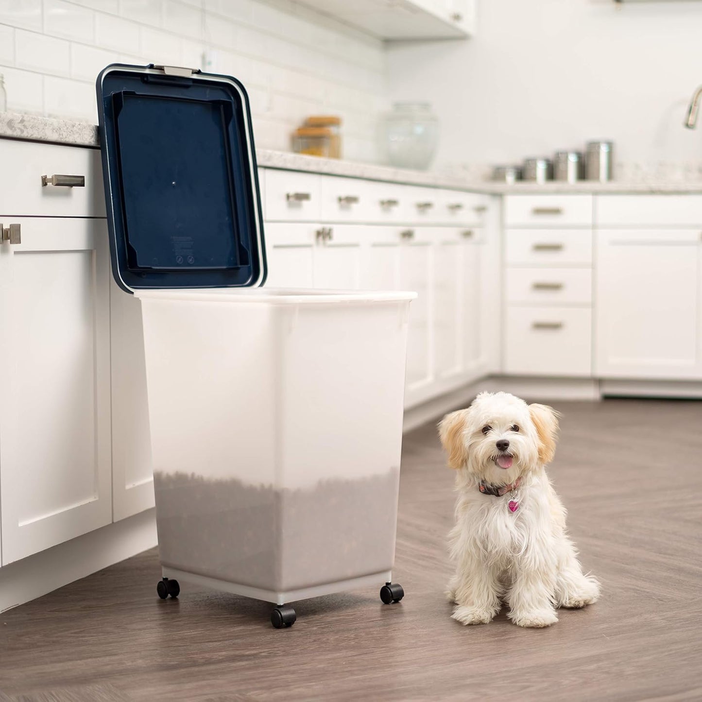 IRIS USA 54 lb + 38 lb Airtight Pet Food Storage Container Combo, Attachable Wheels, for Dog Cat Bird and Other Pet Food Storage Bin, Keep Fresh, Easy Mobility, BPA Free, Navy/Pearl