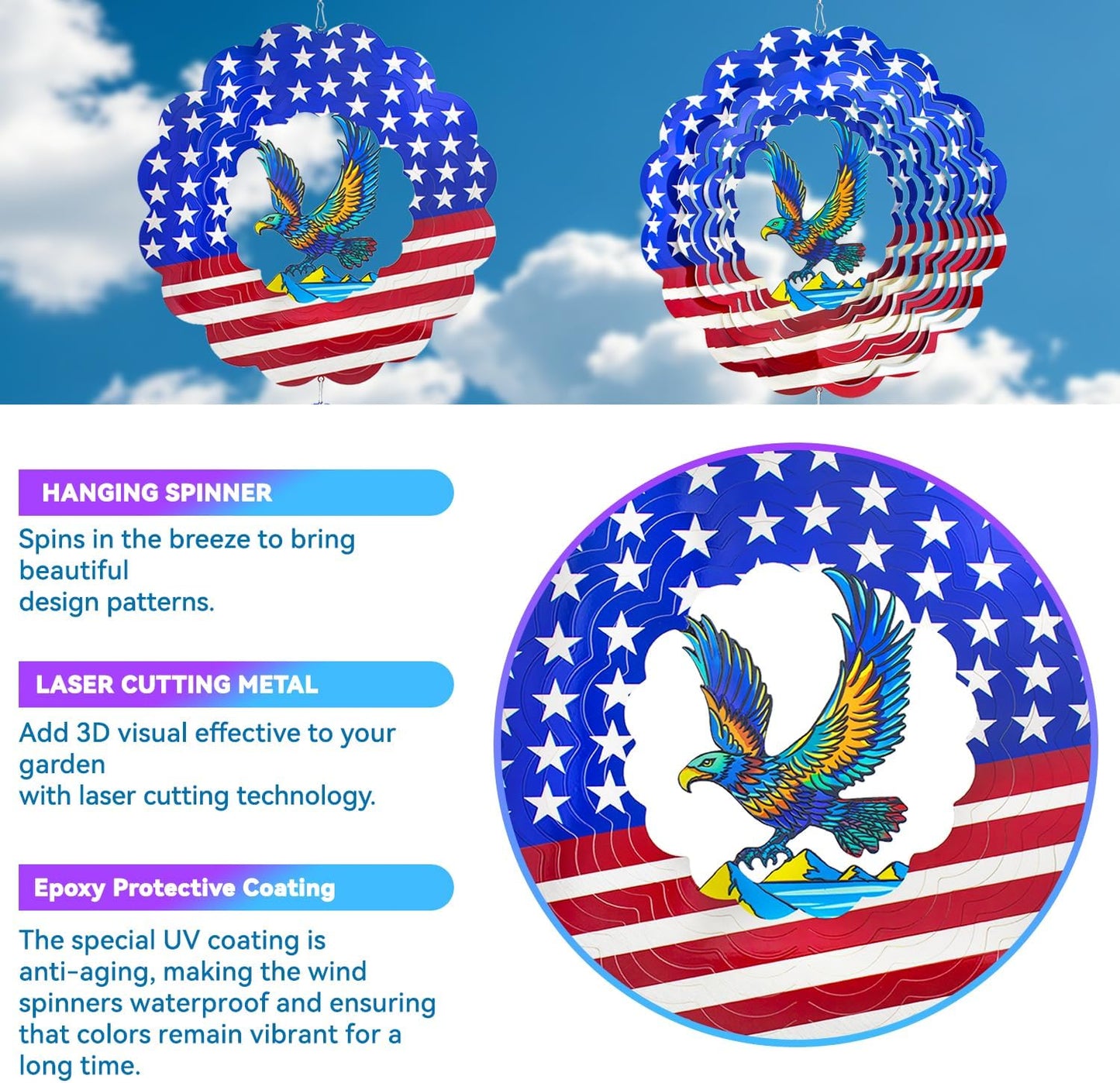 Charming American Eagle Wind Spinner-12 Inch Stainless Steel Decoration for Outside with Bright Colors, Safe Edges and Unique Design, Great Gifts for Mom/Ladies, Doubles as Scare Birds Away