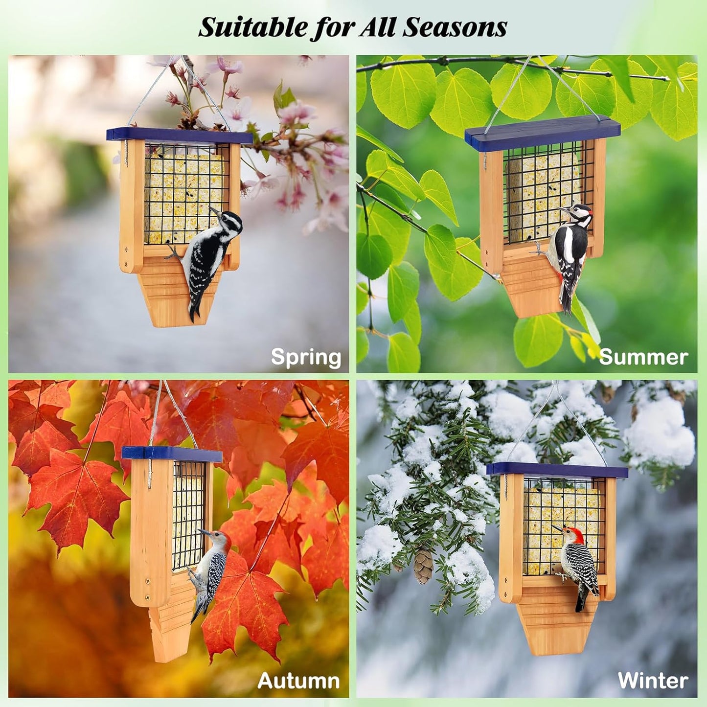 Wooden Suet Bird Feeder for Outside Hanging, Woodpecker Suet Feeder with Tail Prop, Hanging Bird Feeder for Wild Birds, 1 Pack, Blue