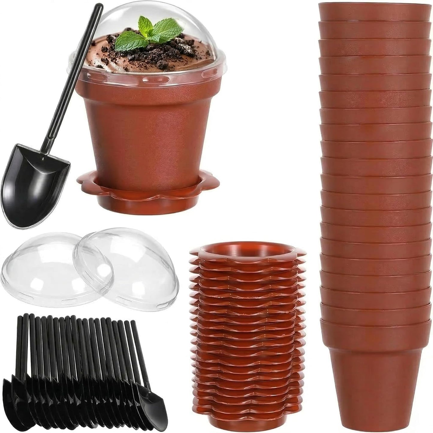 DOITOOL 20 Pack Flower Pot Dessert Cups with Lids and Spoons, 6.7 oz Mini Plastic Chocolate Pudding Cups, Cute Mini Flowerpot for Ice Cream, Dirt Cake, Fruit Trifles, Pudding, Yogurt, Mousse