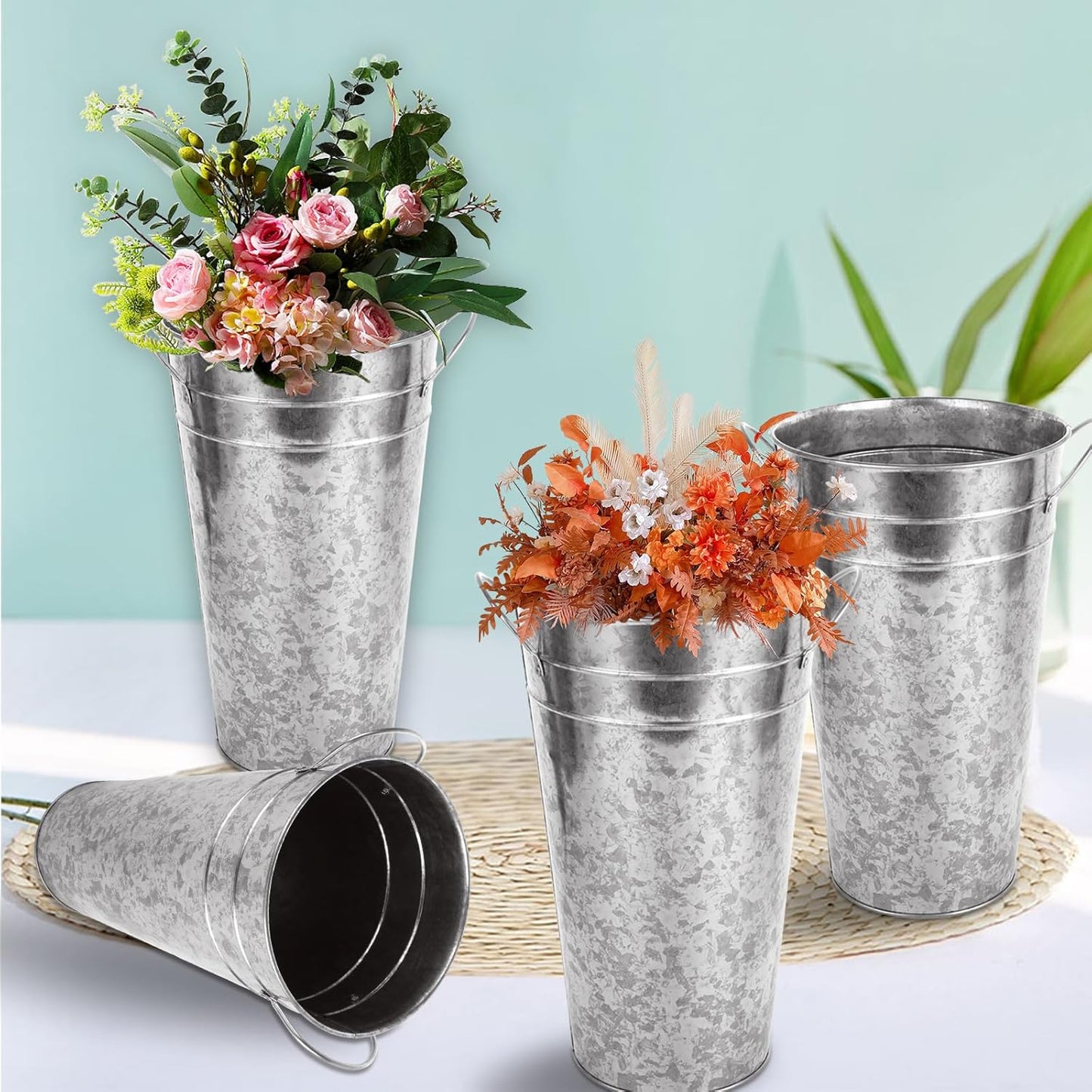 4 PCS Flower Buckets Bulk 12 Inch Galvanized Flower Bucket Metal Flower Vase with Handle, Metal Bucket Planter Floral Container for Flowers Arrangements Table Centerpiece Weddings Home (Silver)