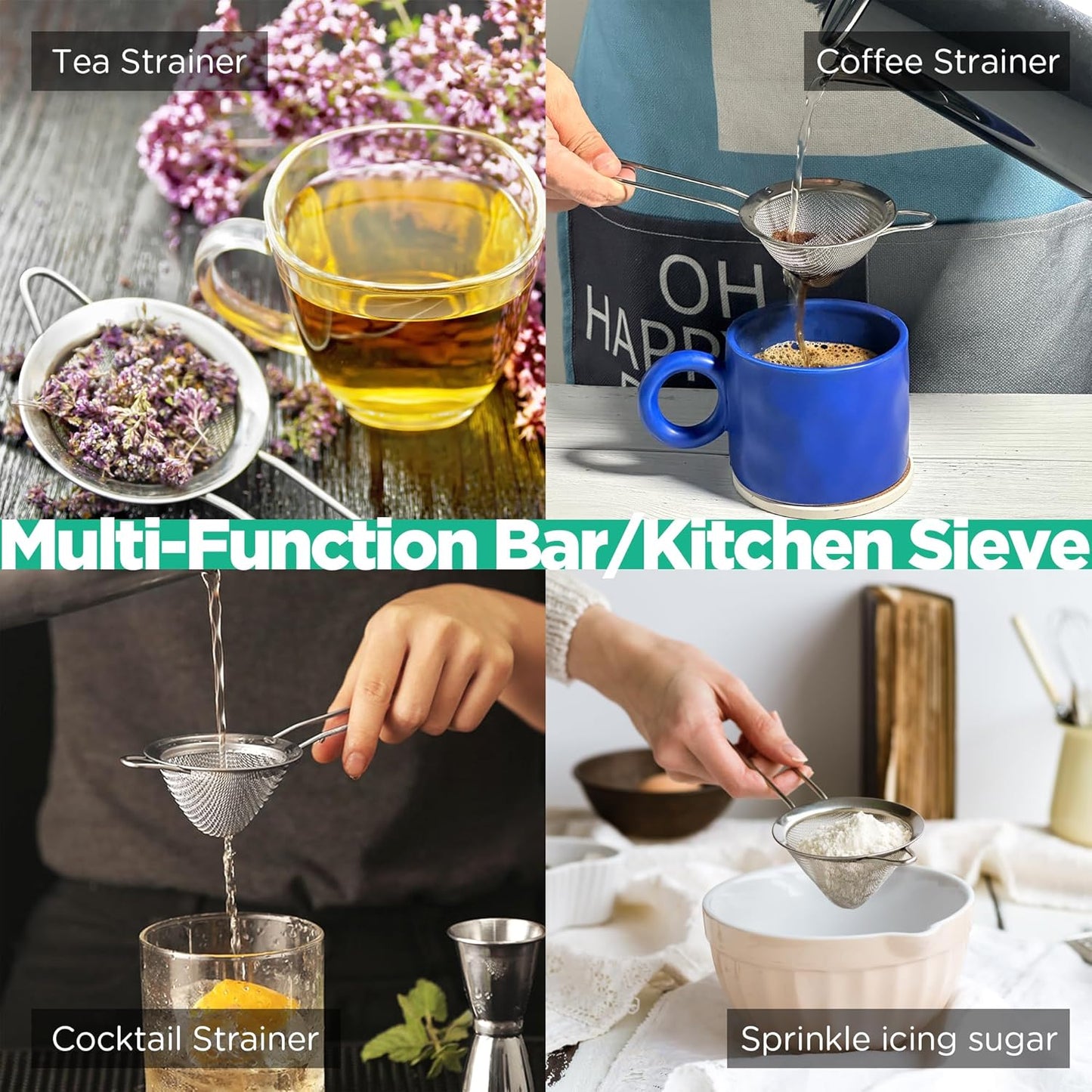 Homestia 3.3" Fine Mesh Strainer for Kitchen, 304 Stainless Steel Cocktail Sieve Sifters For Food, Liquid Drink Strainers Cup for Tea, Rice, Oil, Noodles, Fruits, Vegetables (Silver)