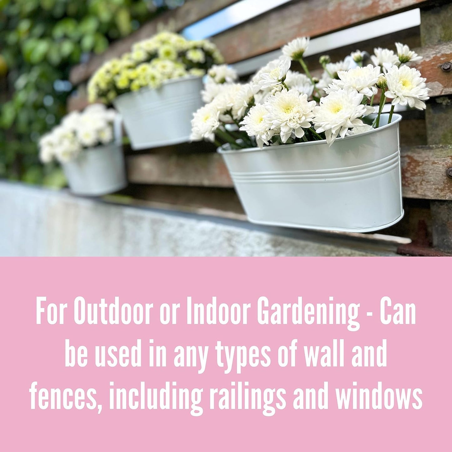 LaLaGreen Outdoor Rail Planter (4 Pack, 11.8 Inch) Metal Iron Hanging Flower Pots Deck Railings Fence Buckets Modern Countryside Boho Style White Wall Mount Window Box Plant Holder Hooks Porch Decor