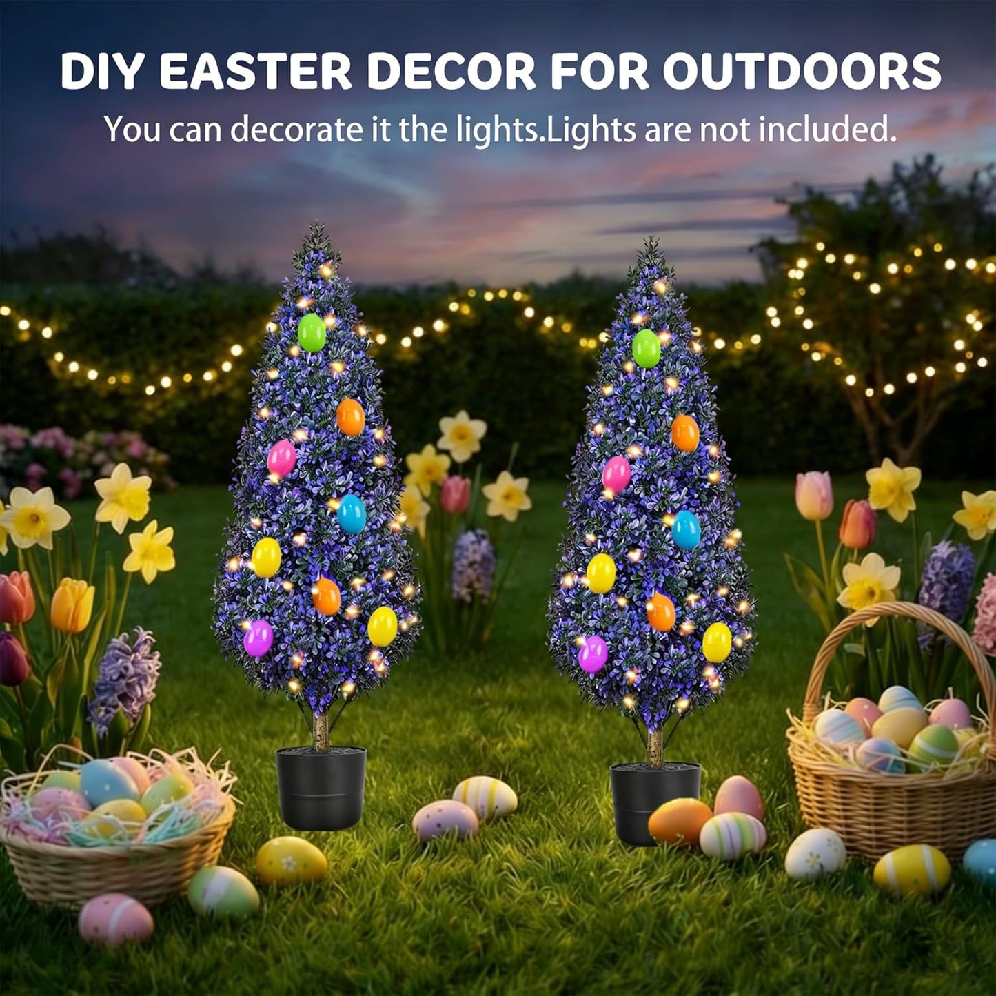 Outdoor Easter Artificial Lavender Topiaries Trees, 3 FT Tall Set 2 Fake Plants Boxwood with Planter, Spikes, Eggs, UV Resistant Faux Evergreen for Indoor Home Porch Office Spring Decor