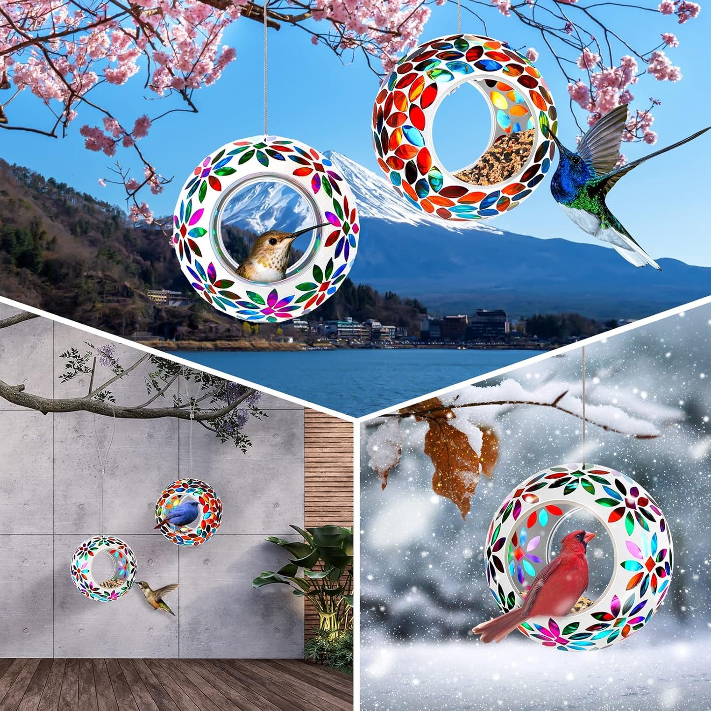 2 Pcs Mosaic Glass Hanging Bird Feeder Round Fly Through Balcony Bird 