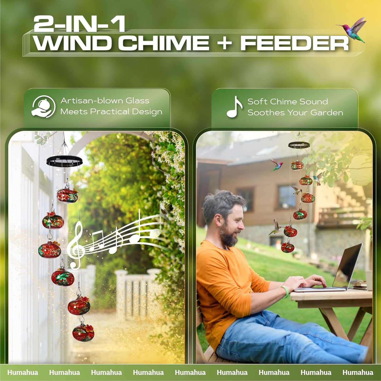 Glass Hummingbird Feeder with Wind Chimes, Hanging Outdoor Bird Feeder