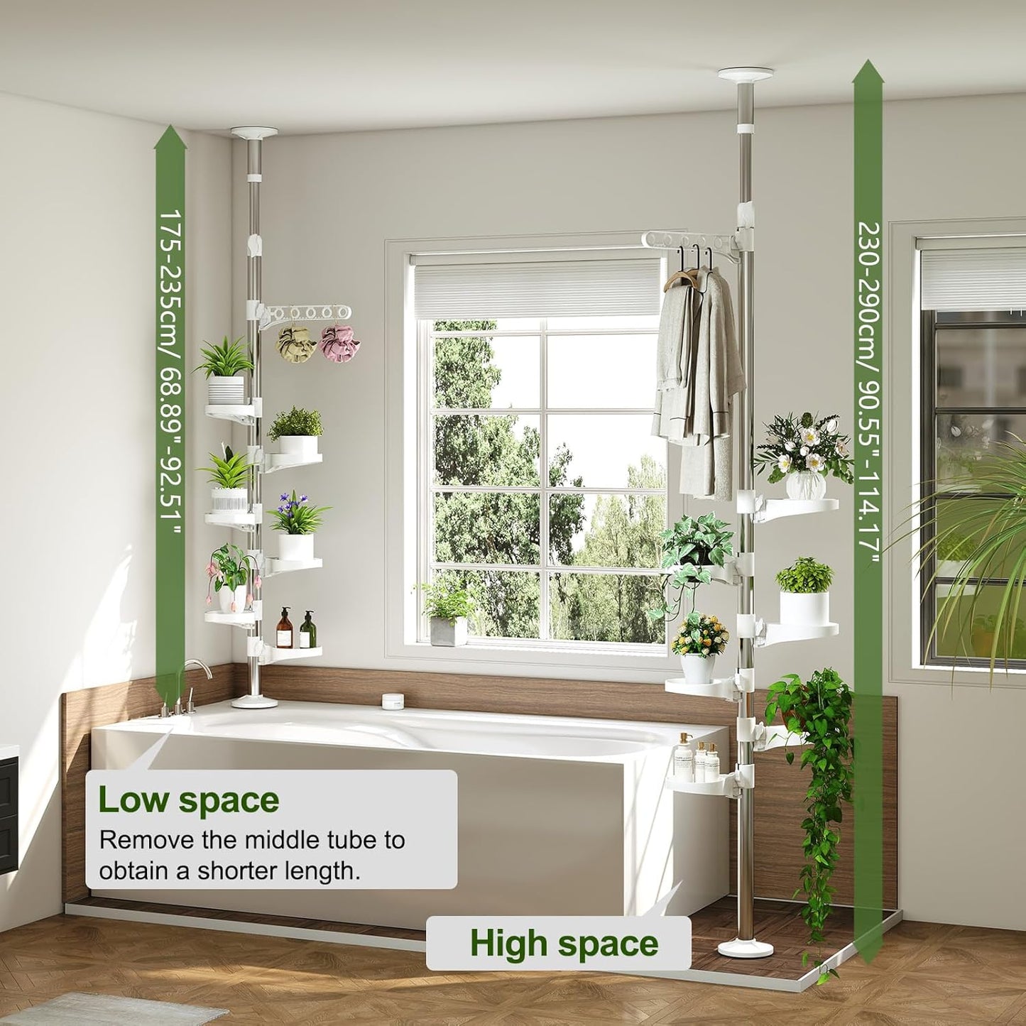 BAOYOUNI 7-Layer Indoor Plant Stands Spring Tension Pole Metal Flower Display Rack Space Saver Corner Floral Pot Hanger Shelf, Ivory