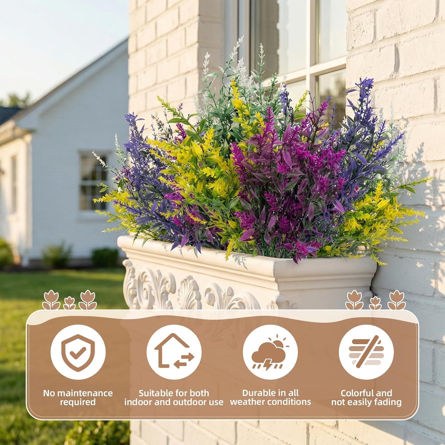 Artificial Flowers Outdoor, Artificial Plants Outdoor for Spring Summer, Lavender Artificial Flowers, for Garden, Porch, Patio, Window Box, Wedding (8, Purple, Fuchsia, White, Yellow)
