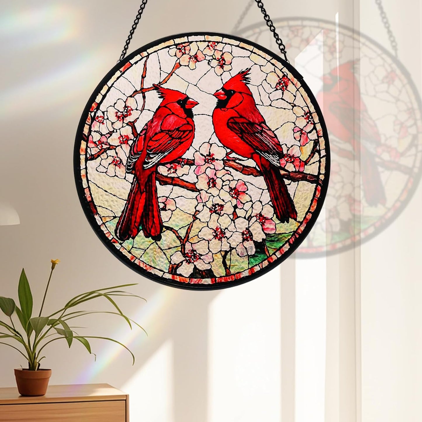 Cardinal Stained Glass Window Hanging Sun Catcher Glass Panel with Metal Chain and Hook Suncatcher Indoor Window Decor Home Garden Decoration Gift for Bird Lovers Women Mother's Day Christmas