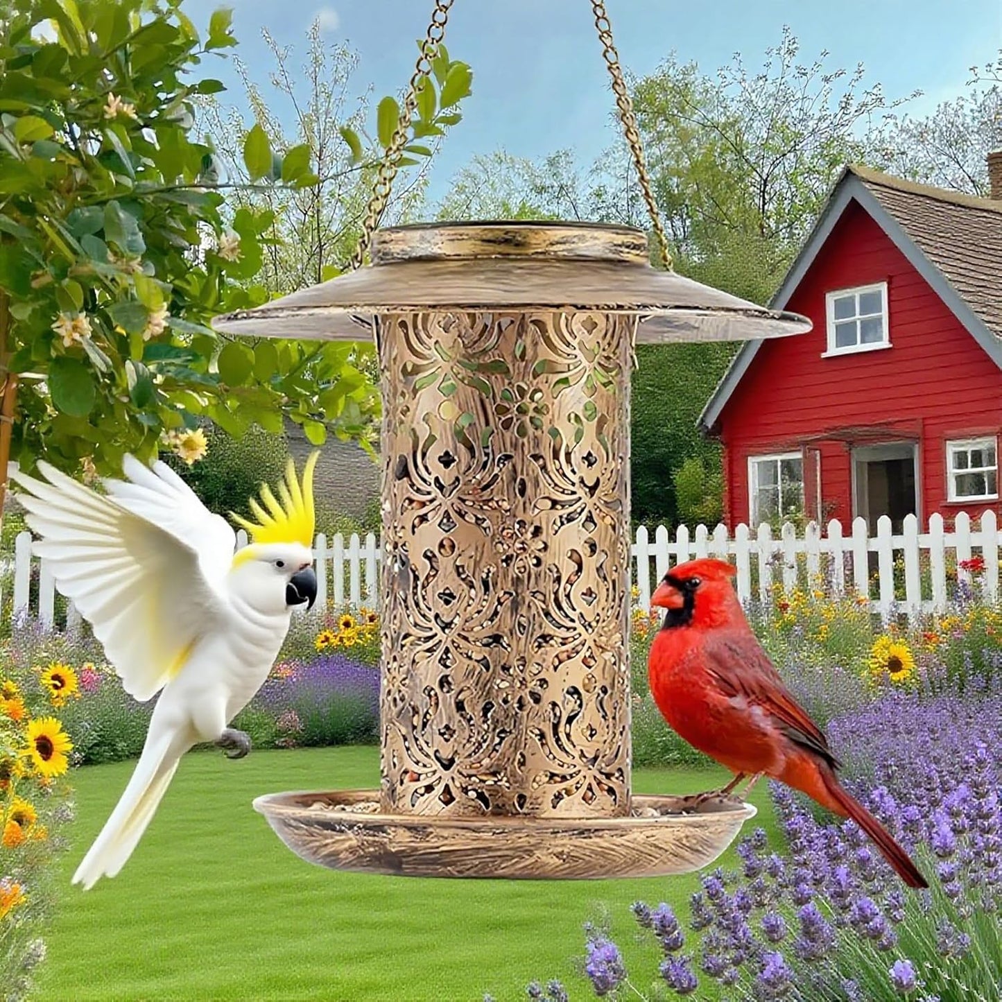 Solar Bird Feeder for Outdoors Hanging,Waterproof Metal Wild Bird Feeder for Finch,Cardinal,Blue Jay Solar Garden Lanterns with S Hook as Gift for Women Mom,Bird Lovers (Large Feeders)