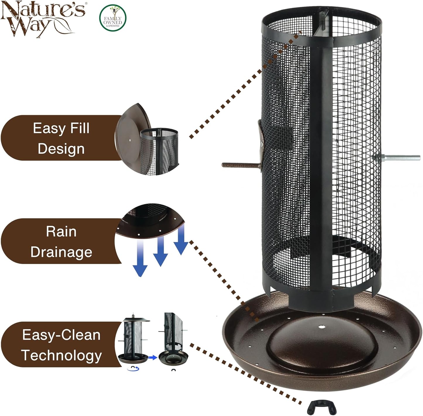 Nature’s Way Beloved Bronze Dual-Chamber Metal Mesh Bird Feeder for Outdoor Décor, 2.375 Qt Capacity with Easy Clean Design, Seed Tray Drainage & Powder-Coated Metal, Bronze