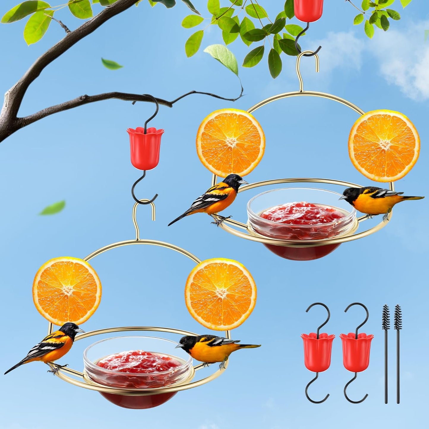 2 Pack Metal Oriole Feeders for Outdoors Hanging with Ant Moat and Fruit Holder, Oriole Feeder with Glass Bowl, Easy to Disassemble and Wash, Bird Feeder for Garden, Outdoor, Gift (Gold)