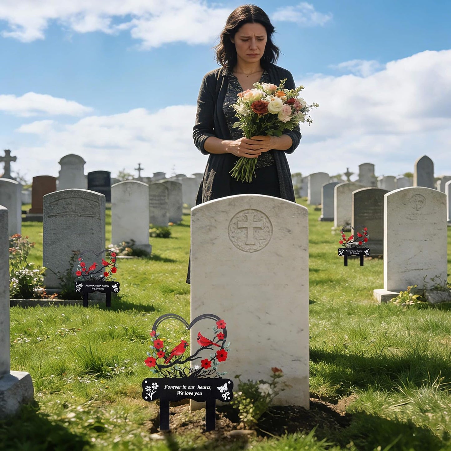 Wocst Cemetery Decorations for Grave Memorial Plaque Stake Grave Marker Cardinals Garden Stake Metal Decoration for Mom Dad Cemetery Outdoors Yard Garden