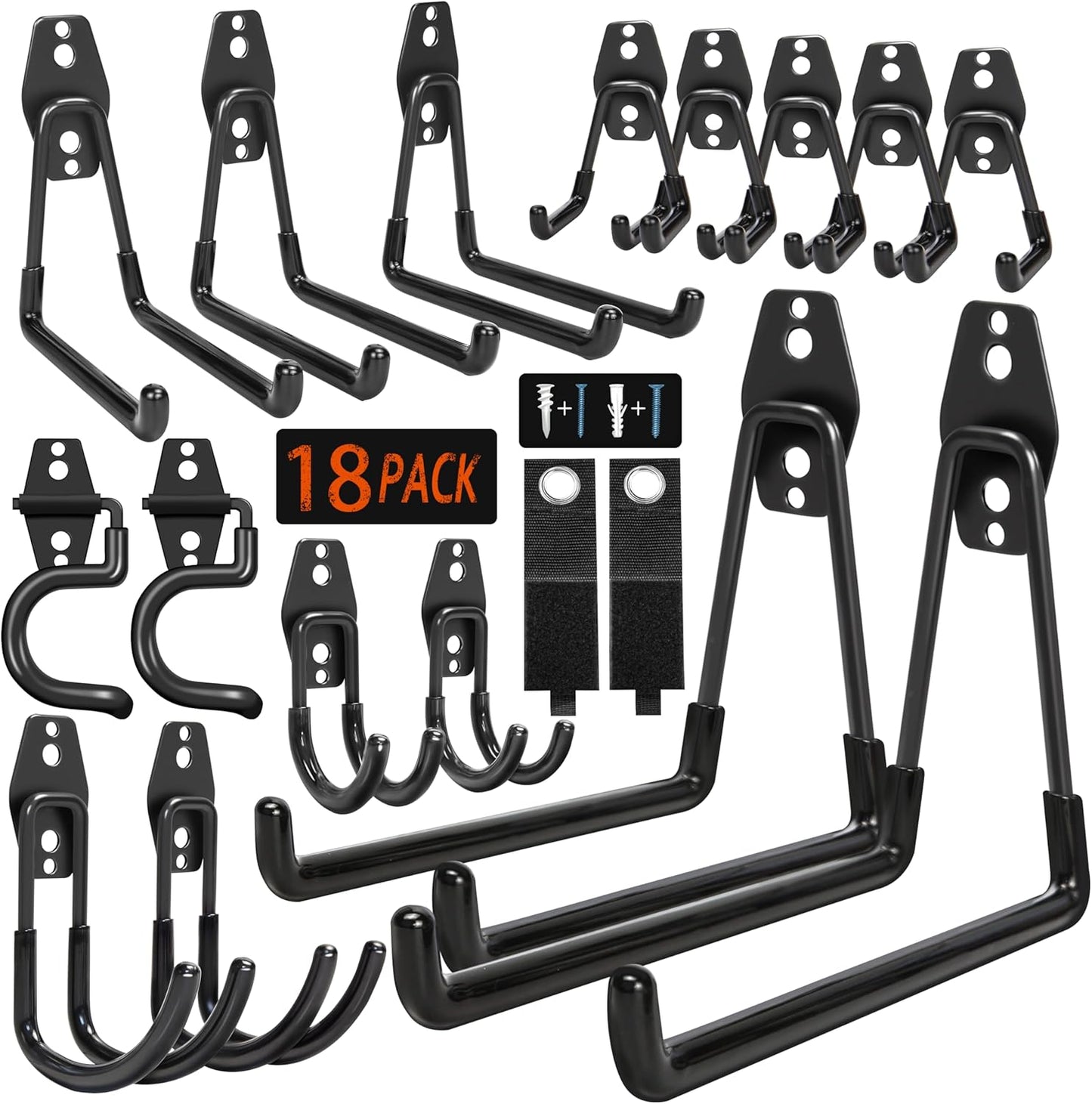 18 Pack Garage Hooks Heavy Duty - Anti-Slip Coating， Garage Storage Hooks for Hanging Bike，Ladder，Garden Tools，Hose