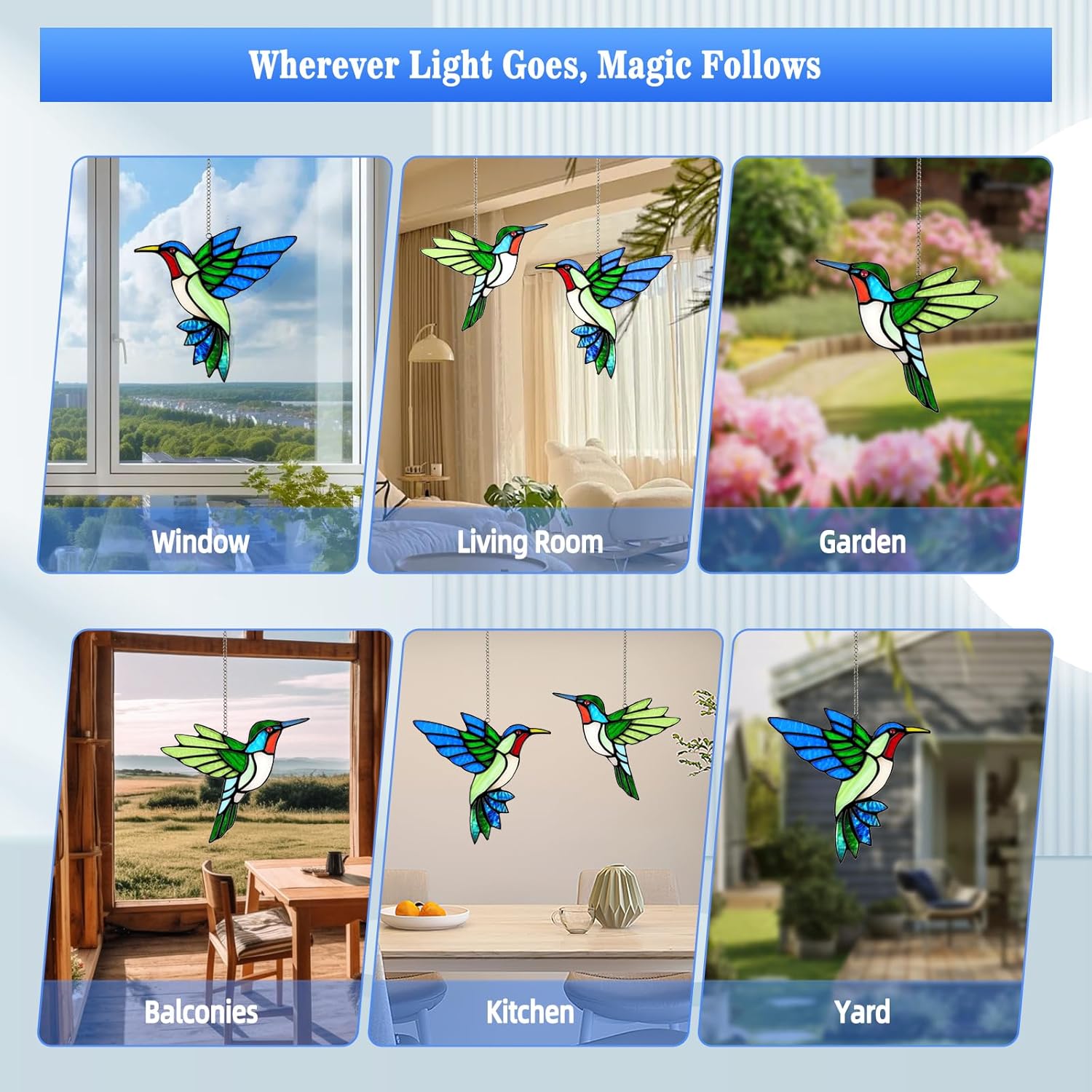 2 Packs Hummingbird Stained Glass Window Hanging Suncatchers - 6 Inch 