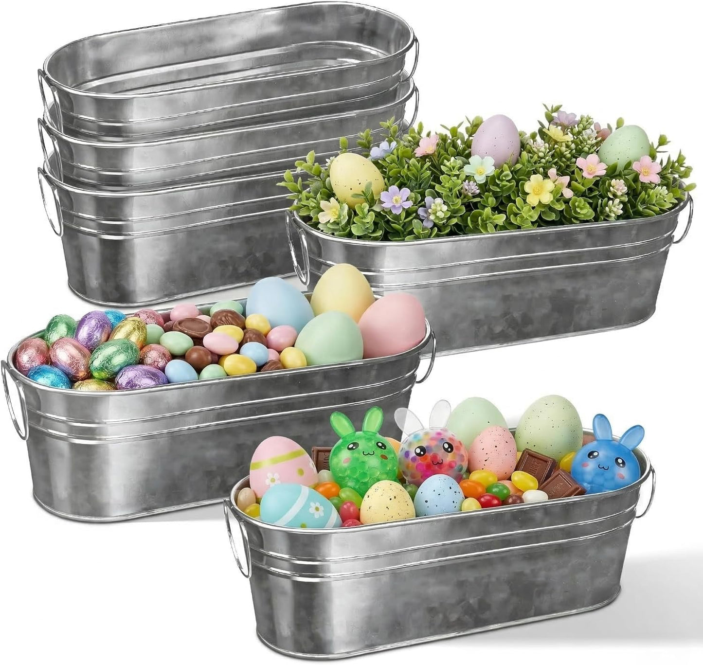 Plexon Small Galvanized Tub with Handles, 12 inch Oval Planter for Plants Decor Wedding, Multiuse Metal Tub Champagne Bucket (6)