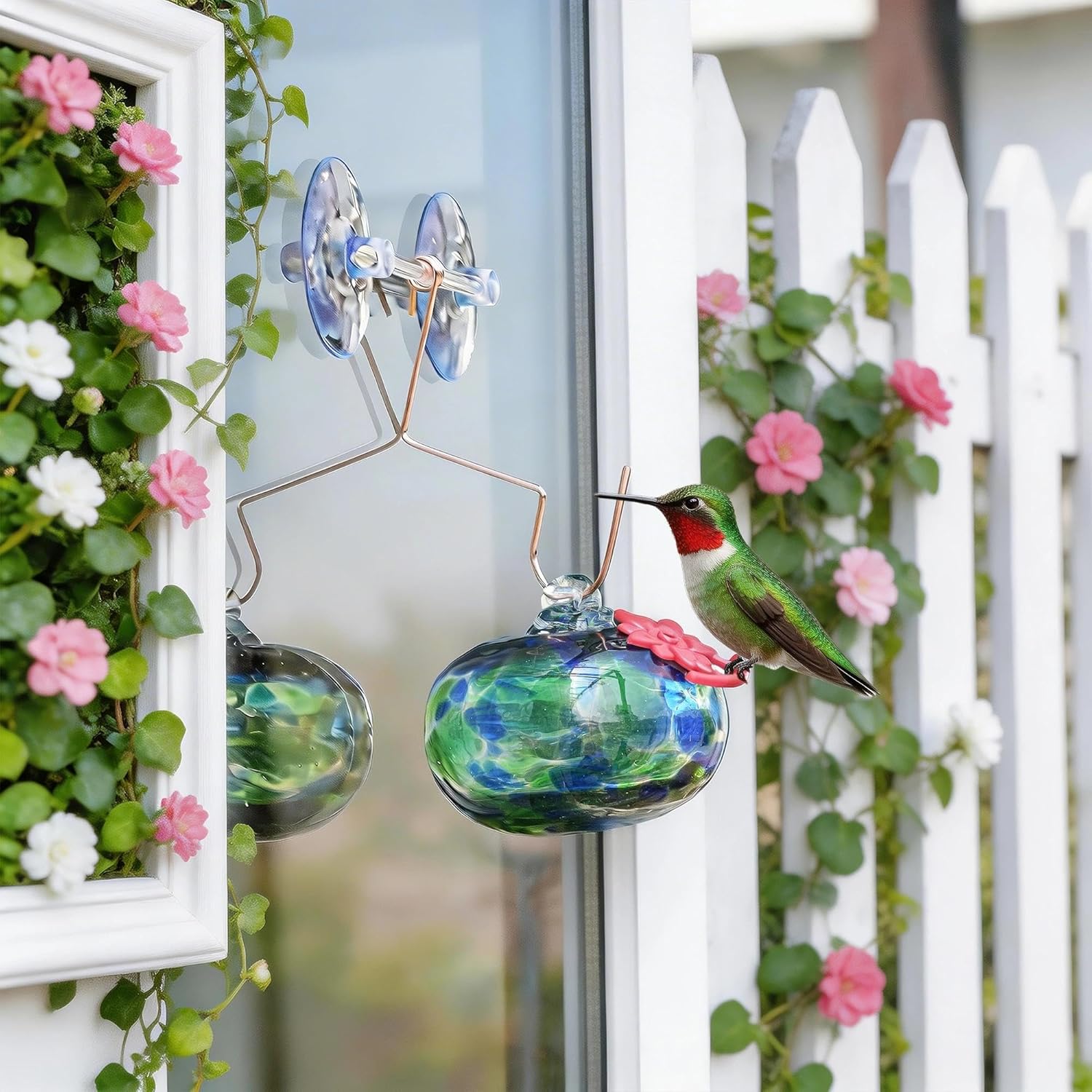 QFkris Blown Glass Hummingbird Feeder with Suction Cups for Window, Sm