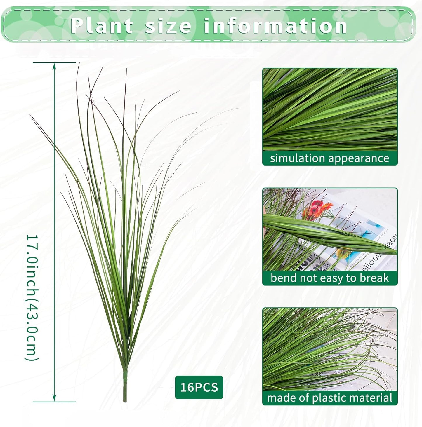 16 Bundles Artificial Grass Plants Outdoor Tall Faux Shrubs Greenery Stems Fake Onion Grasses Wheat Grass UV Resistant Faux Bushes Plant for Garden Indoor Office Home Decor（Red-Tipped Green）