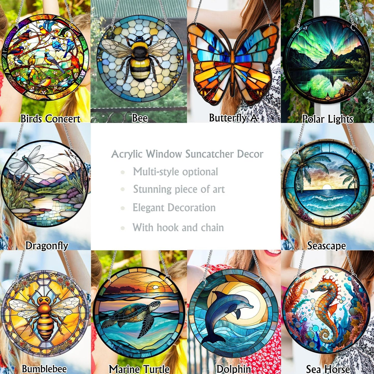 11.8'' Birds Acrylic Window Hangings, Stained Panel Colorful Indoor Outdoor Home Garden Ornaments (Bird Concert)