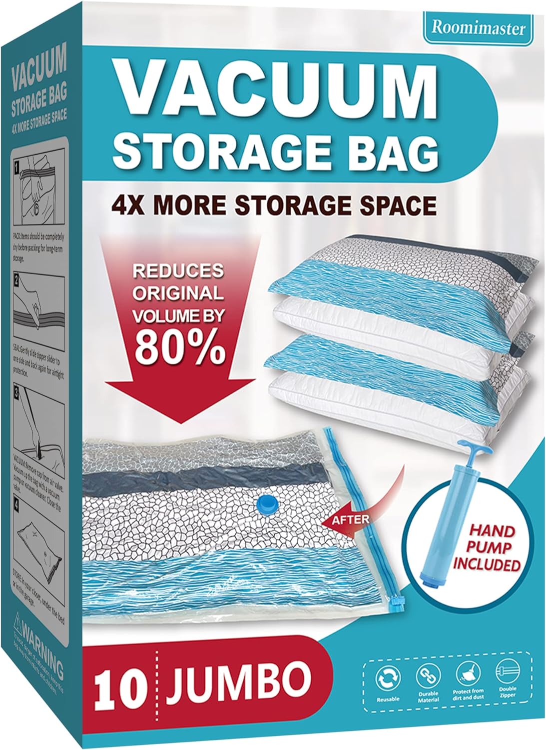 Vacuum Storage Bags, Vacuum Seal Space Saver Bags for Clothing, Travel Lugggage, Carry-on, Blankets, Pillow, Comforters, Bedding, 10 Jumbo