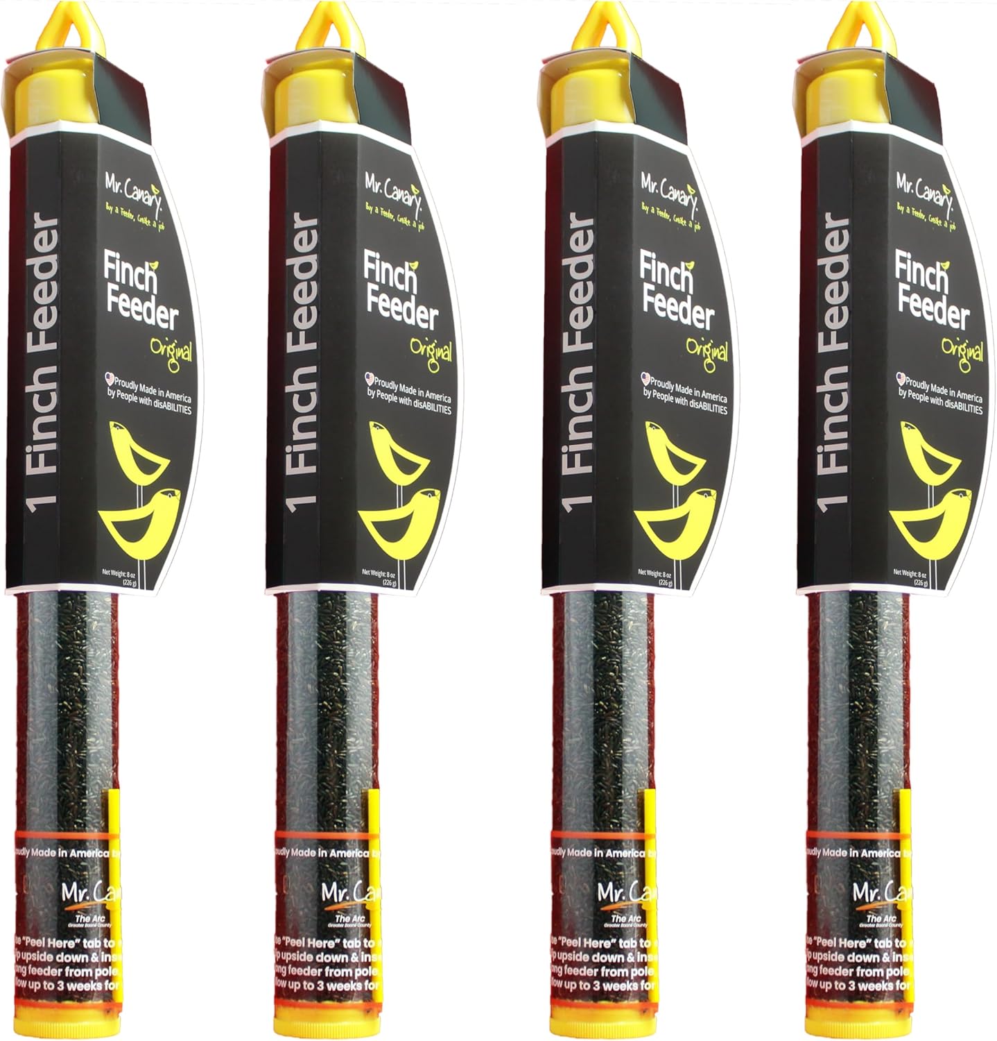Mr. Canary Finch Tube Feeders, 4ct, Filled with 8oz Nyjer Seed, Bird Feeders Made in America by Workers with Disabilities, Feeds Finches, Chickadees,