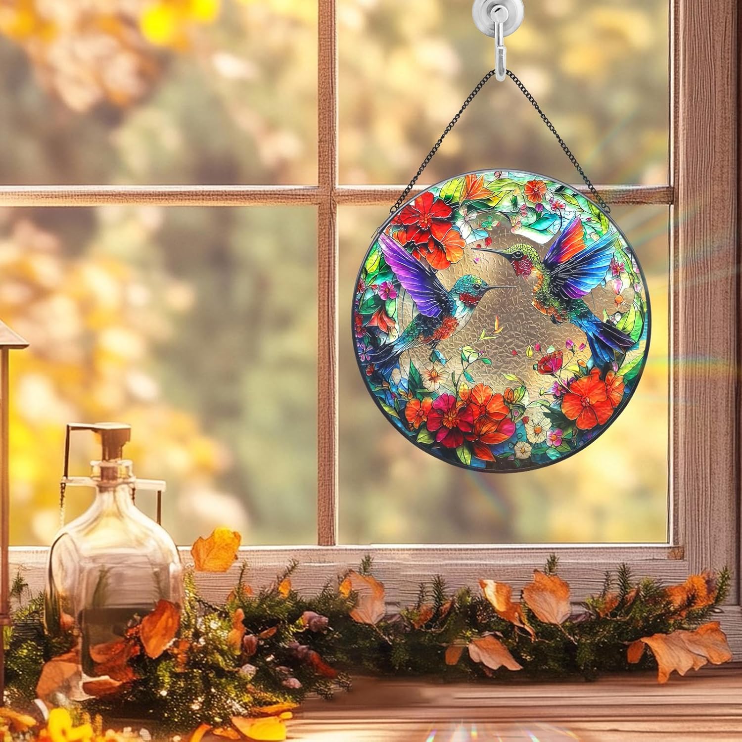 Hummingbird Suncatcher Stained Glass Window Hanging Set, 7.8 Inch Sun 