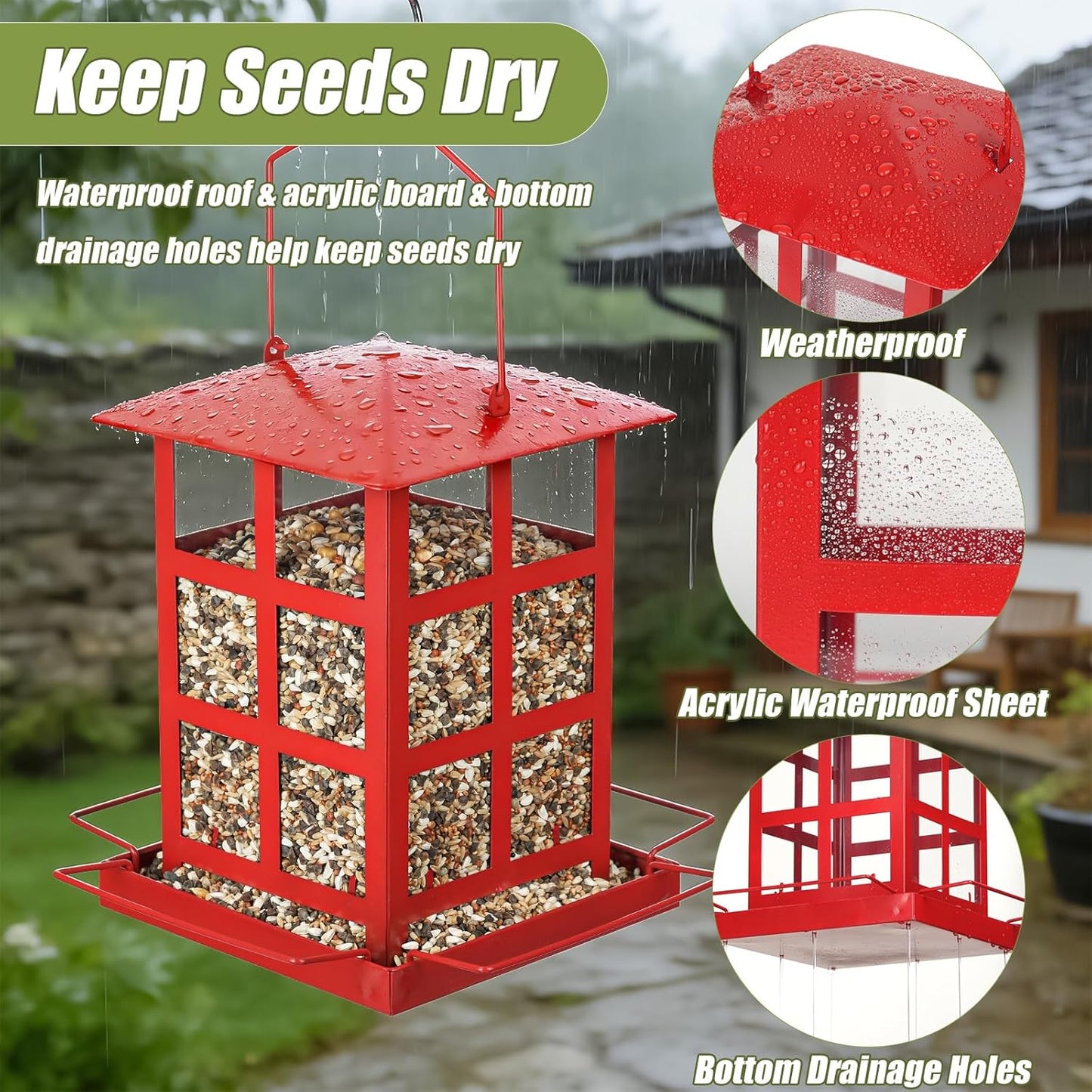 Bird Feeder, Heavy Duty Metal Bird Feeders for Outdoor Hanging, Retro Red House Wild Birdfeeder, Rainproof & Waterproof, 4 LBs Large Capacity