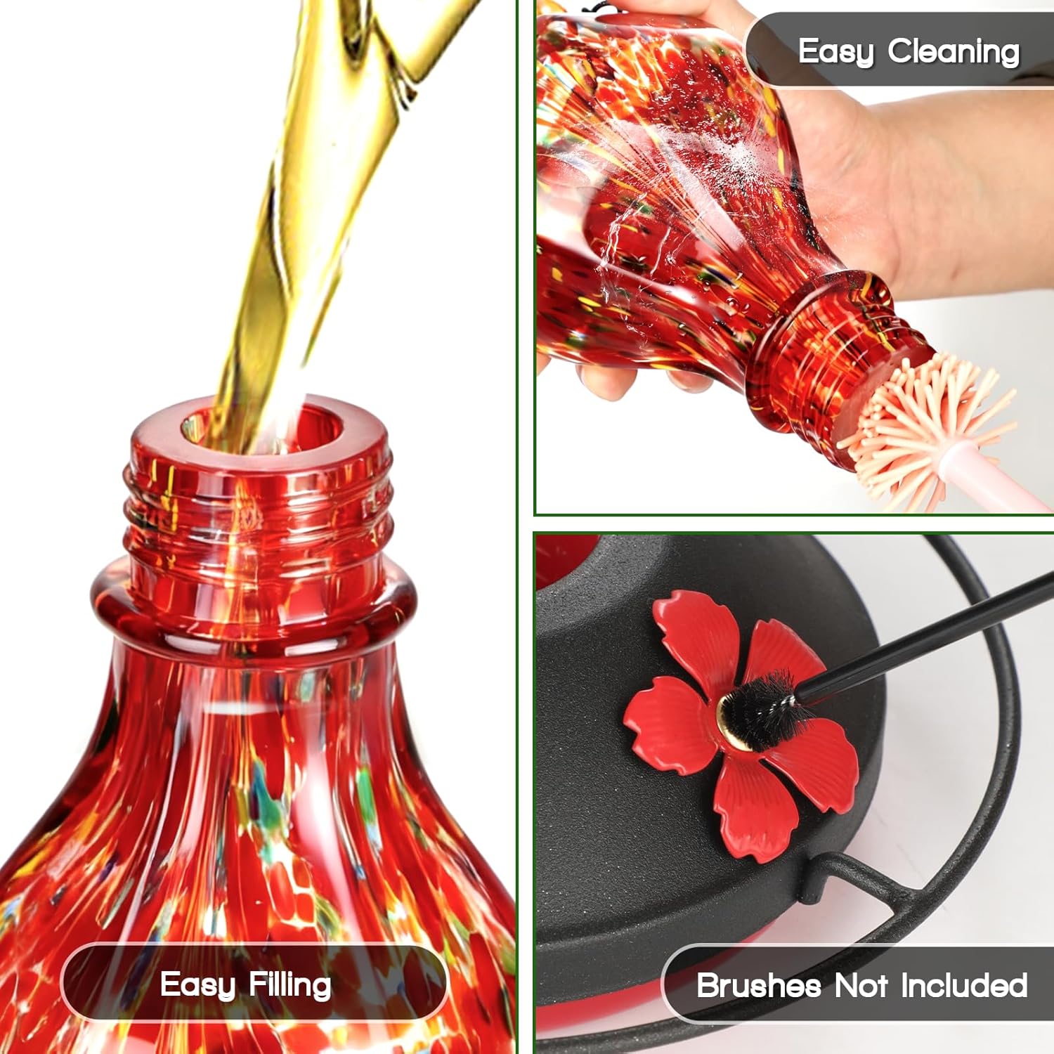 Hand Blown Glass Hummingbird Feeders for Outdoors Hanging, 24oz Wild B