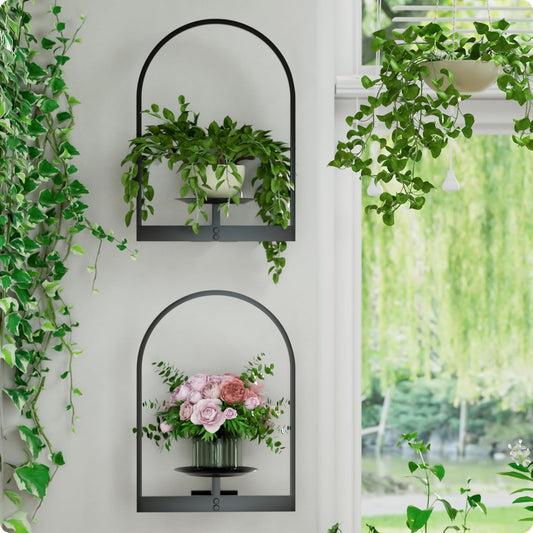 Black Metal Wall Plant Holder - 2-Pack Wall Mounted Plant Stands and Hanging Holders for Indoor Planter and Flower Pot - Arch Decor Shelf for Plant Storage (Pot Not Included)