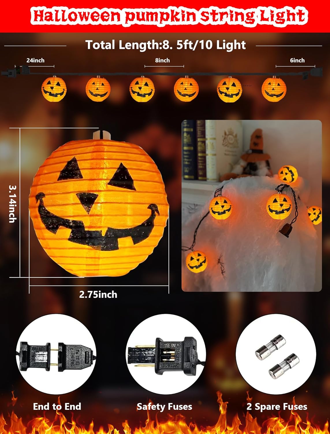 Halloween Outdoor Pumpkin String Lights, 8.5FT 10 Jack-o’-Lantern Lant