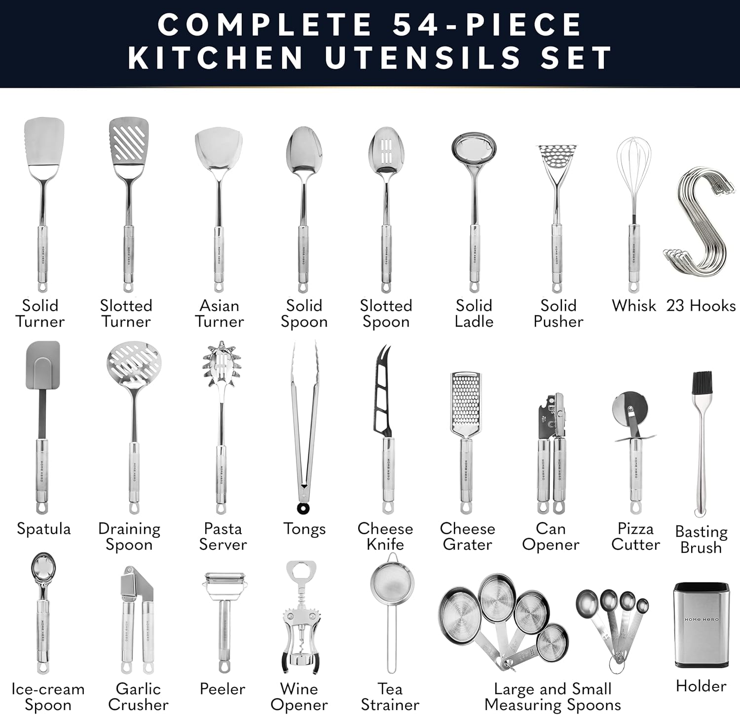 Home Hero 54-Piece Stainless Steel Kitchen Utensils Set - Heat-Resista